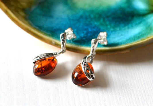 Cognac Amber Earrings with Silver