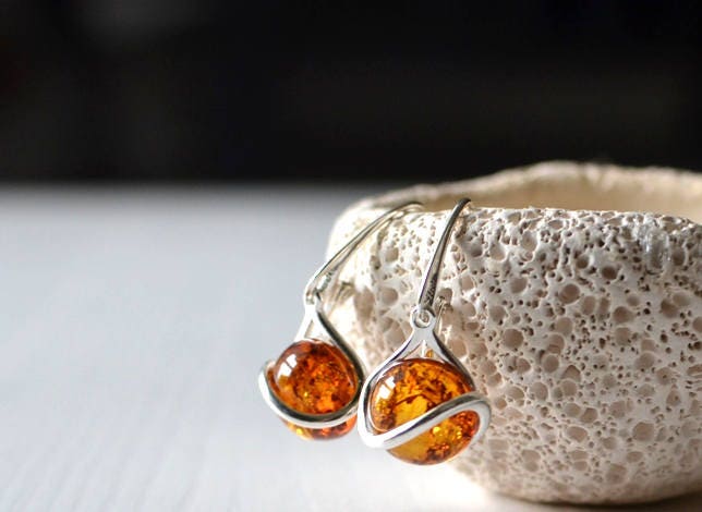 Silver cognac Amber dangle earrings
