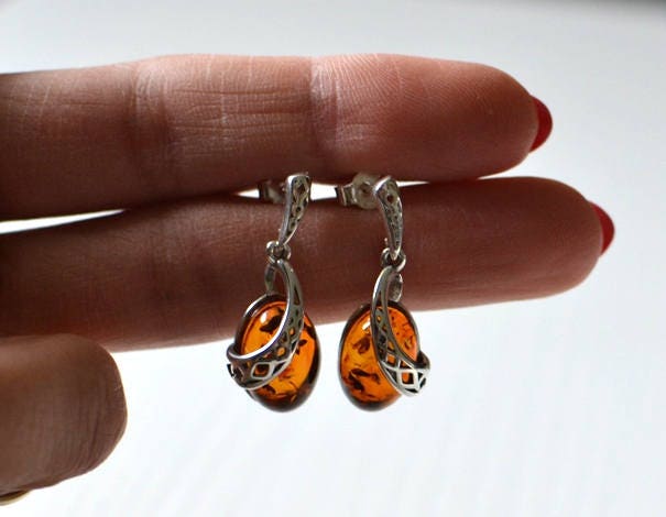 Cognac Amber Earrings with Silver