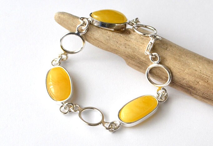 Natural stone Sterling Silver Bracelet, Untreated stone Bracelet, stone Jewelry, Egg Yolk stone Bracelet, Handmade amber chain bracelet