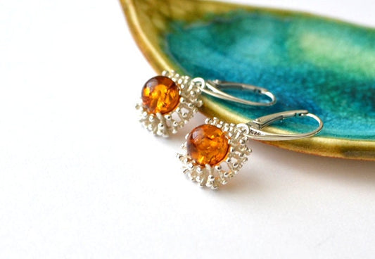 Baltic Amber Flower Silver Earrings