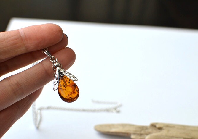 Amber Bee Necklace with Silver Chain