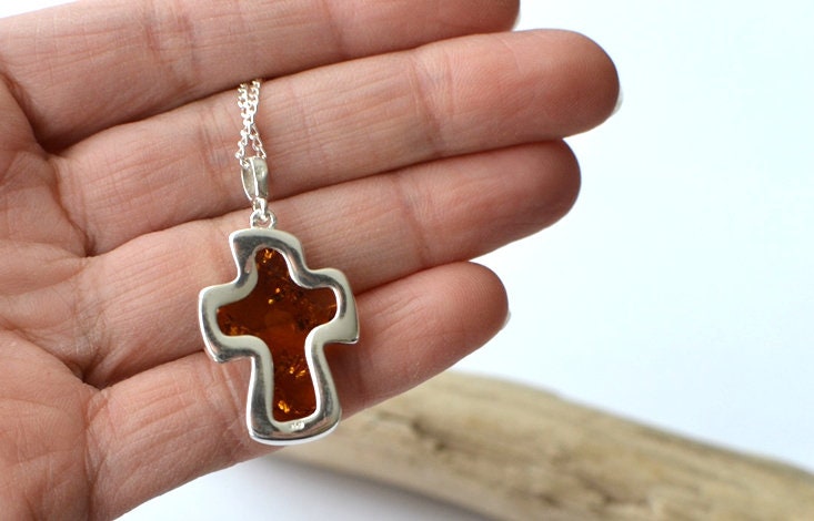 Amber Silver Cross Necklace
