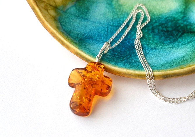 Gemstone Cross Amber Necklace