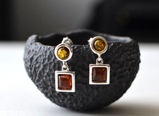 Geometric Amber Earrings with Silver
