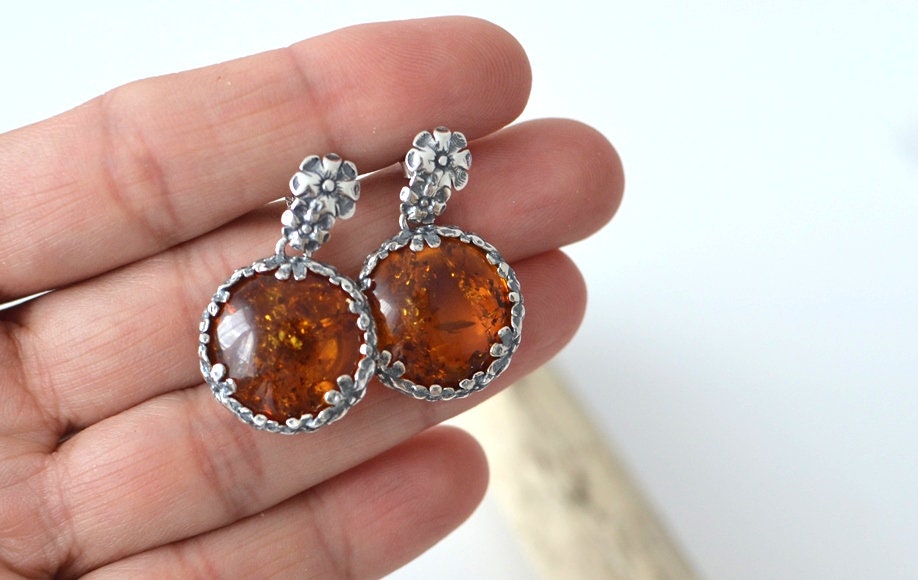 Flower Amber Earrings with Silver