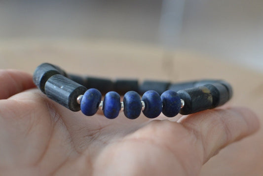 Lapis Lazuli and Black Amber Mens bracelet
