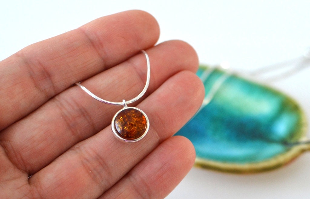 Silver Chain Amber Pendant Necklace