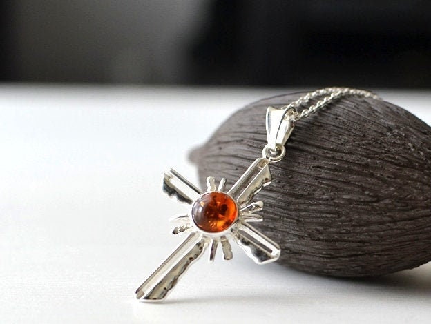 Amber Cross Necklace with Silver