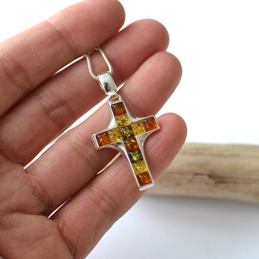 Sterling Silver Cross Necklace with Amber