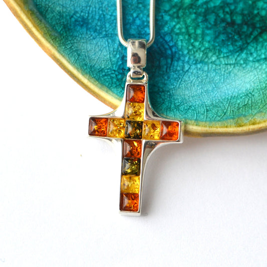 Sterling Silver Cross Necklace with Amber