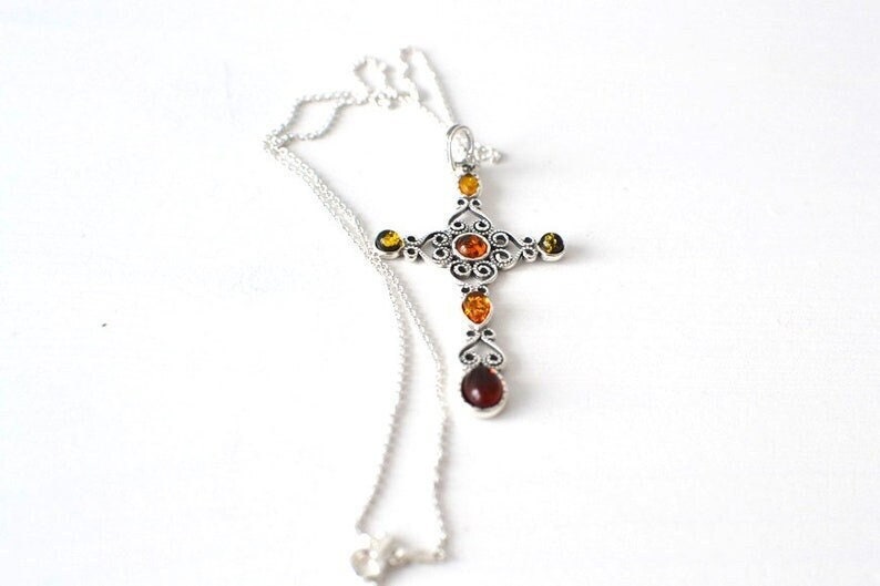 Victorian Silver Amber Cross Necklace