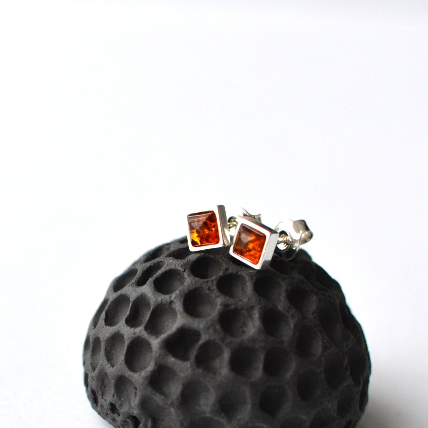 Small Silver Amber square Earrings