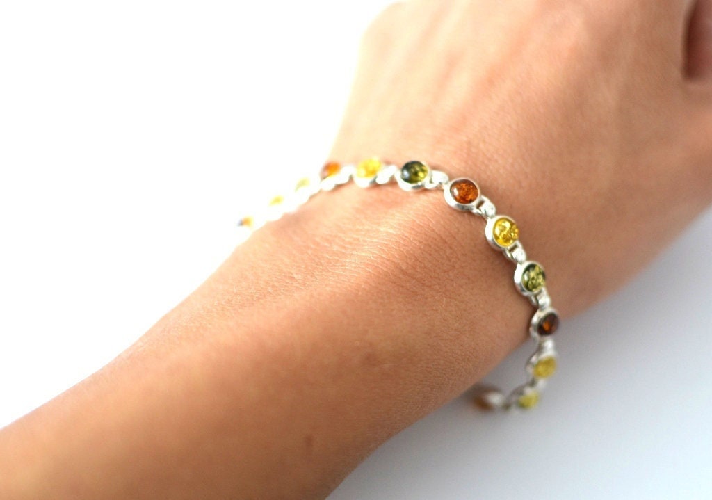 Elegant Silver Colorful Amber Bracelet