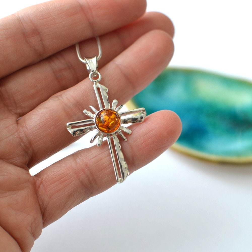 Amber Cross Necklace with Silver