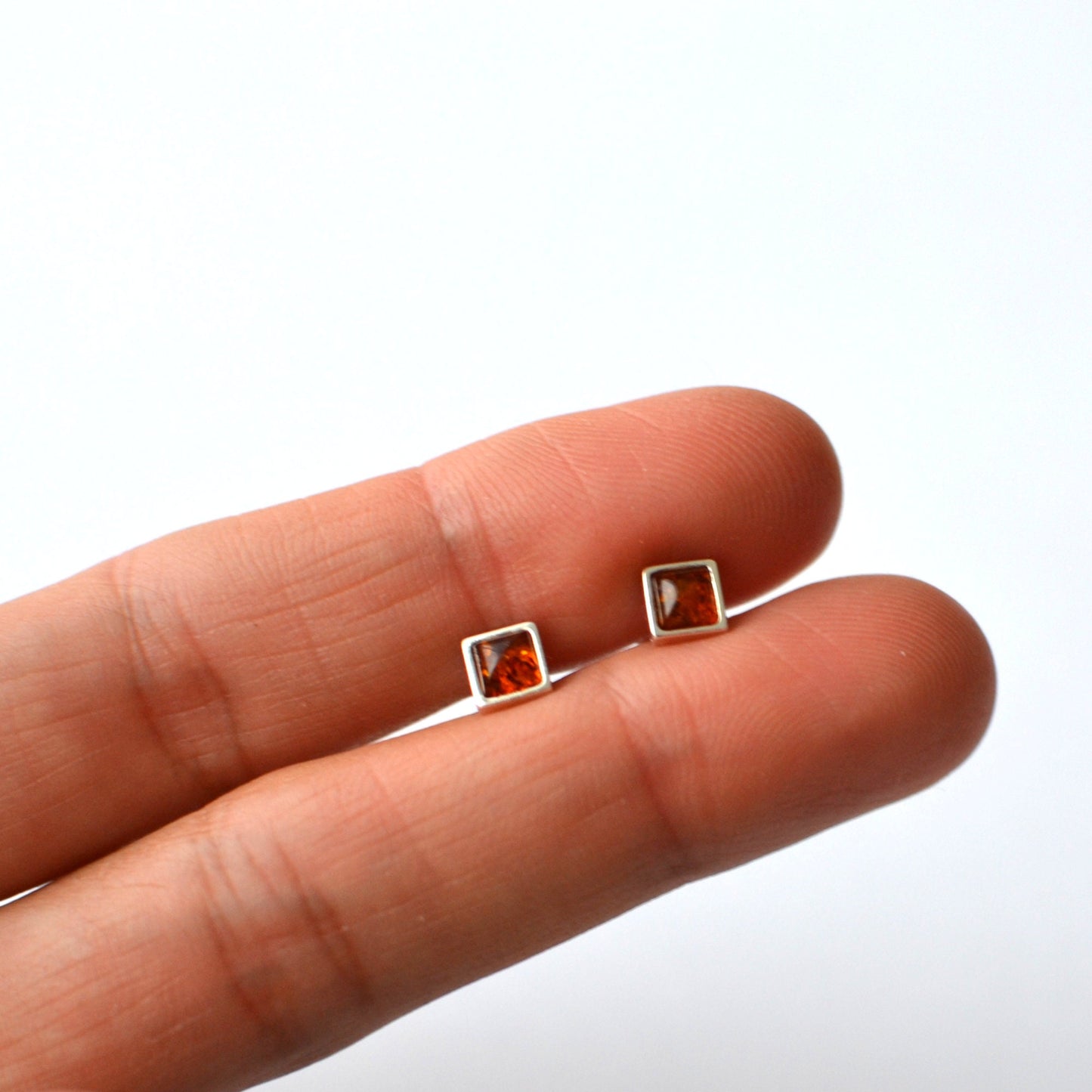 Small Silver Amber square Earrings