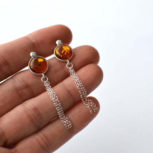 Silver Dangle chain Amber Earrings