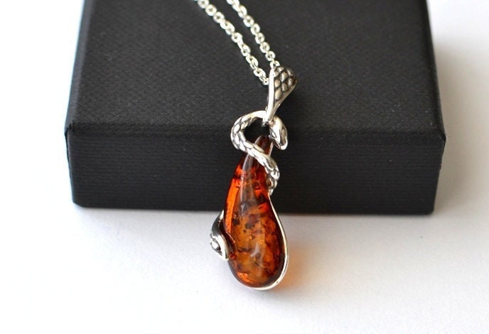 Silver Snake Amber Charm Necklace