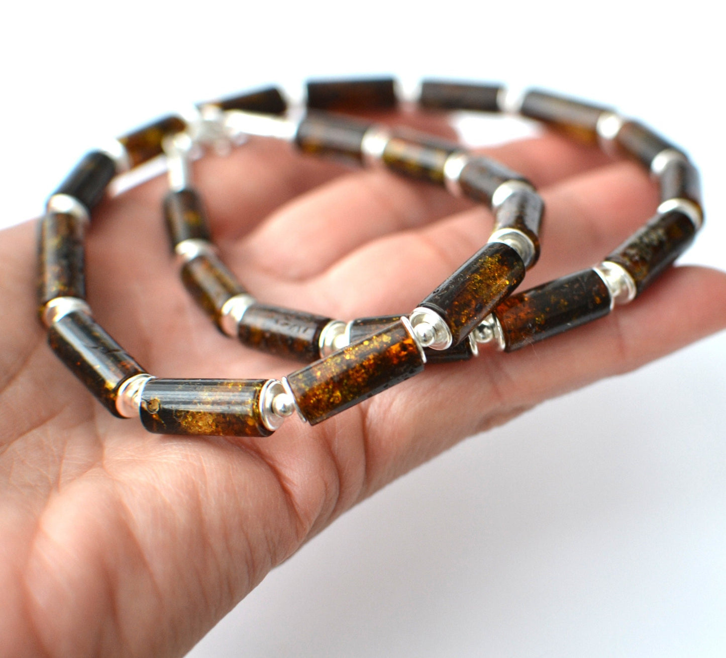 Mens silver necklace with Baltic Amber Beads