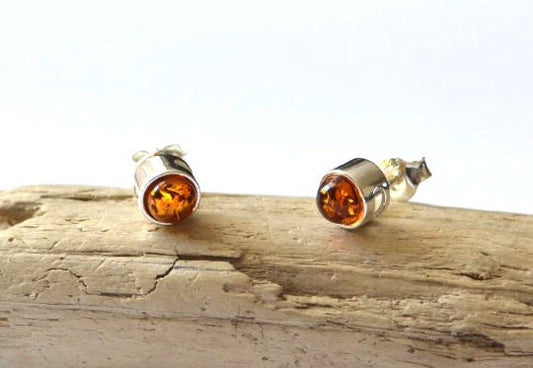 Modern Silver Amber Stud Earrings