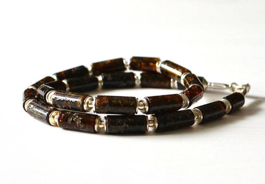 Mens silver necklace with Baltic Amber Beads