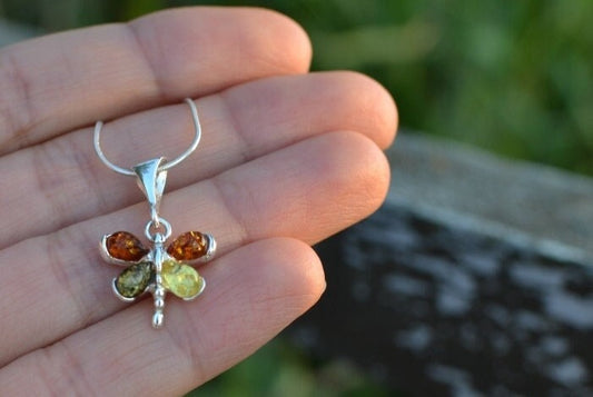Delicate Silver Butterfly Necklace with Amber