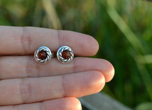 Sterling Silver Fower Stud Amber Earrings