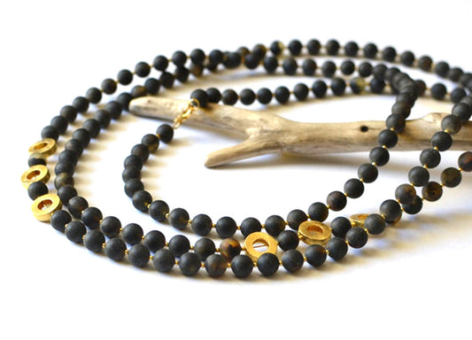 Long Black Amber Necklace with Gold