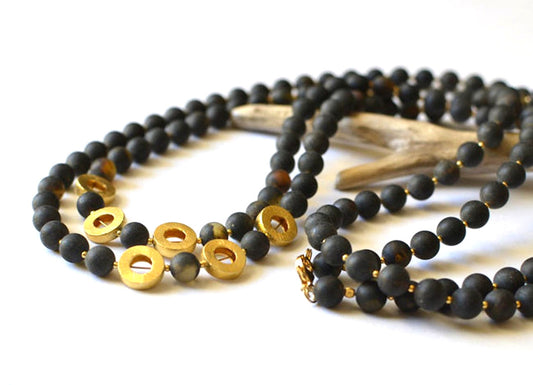 Long Black Amber Necklace with Gold