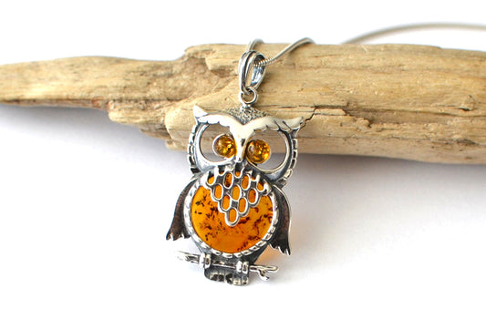 Owl Amber and Silver Necklace