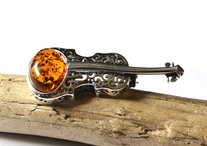 Violin Sterling Silver Brooch with Amber