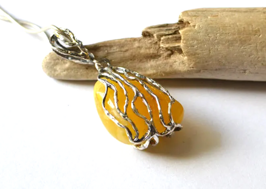 Yellow Amber Silver Pendant Necklace