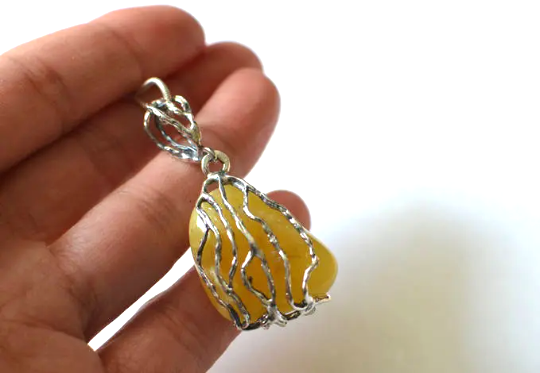 Yellow Amber Silver Pendant Necklace